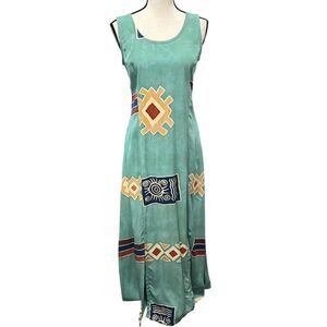 Bali Batiks Aztec Print Maxi Dress Sz M Aqua Green 4-Slit Bottom